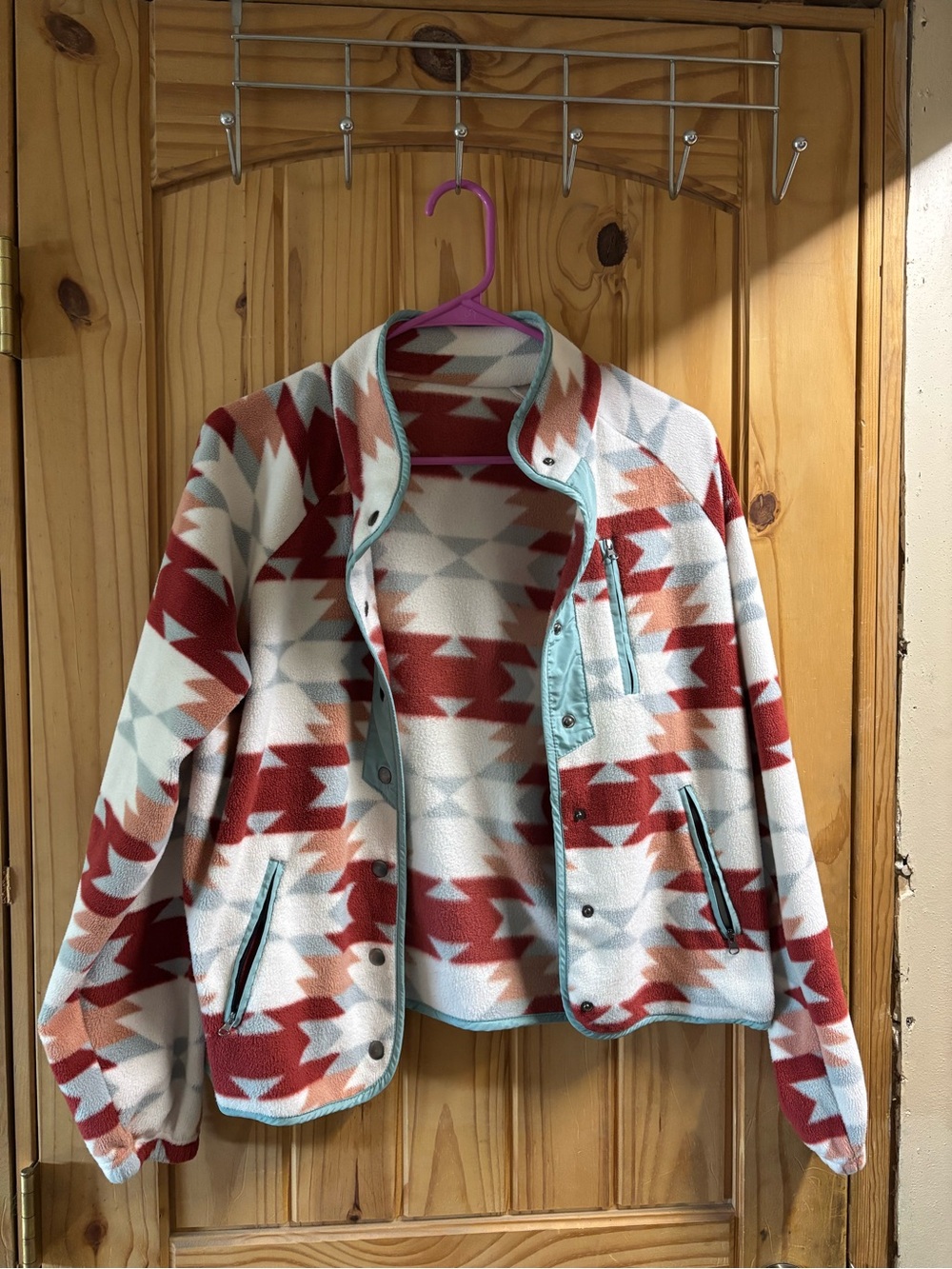 Aztec Pattern Fleece Jacket in Cream & Rust - Women's Lightweight Coat